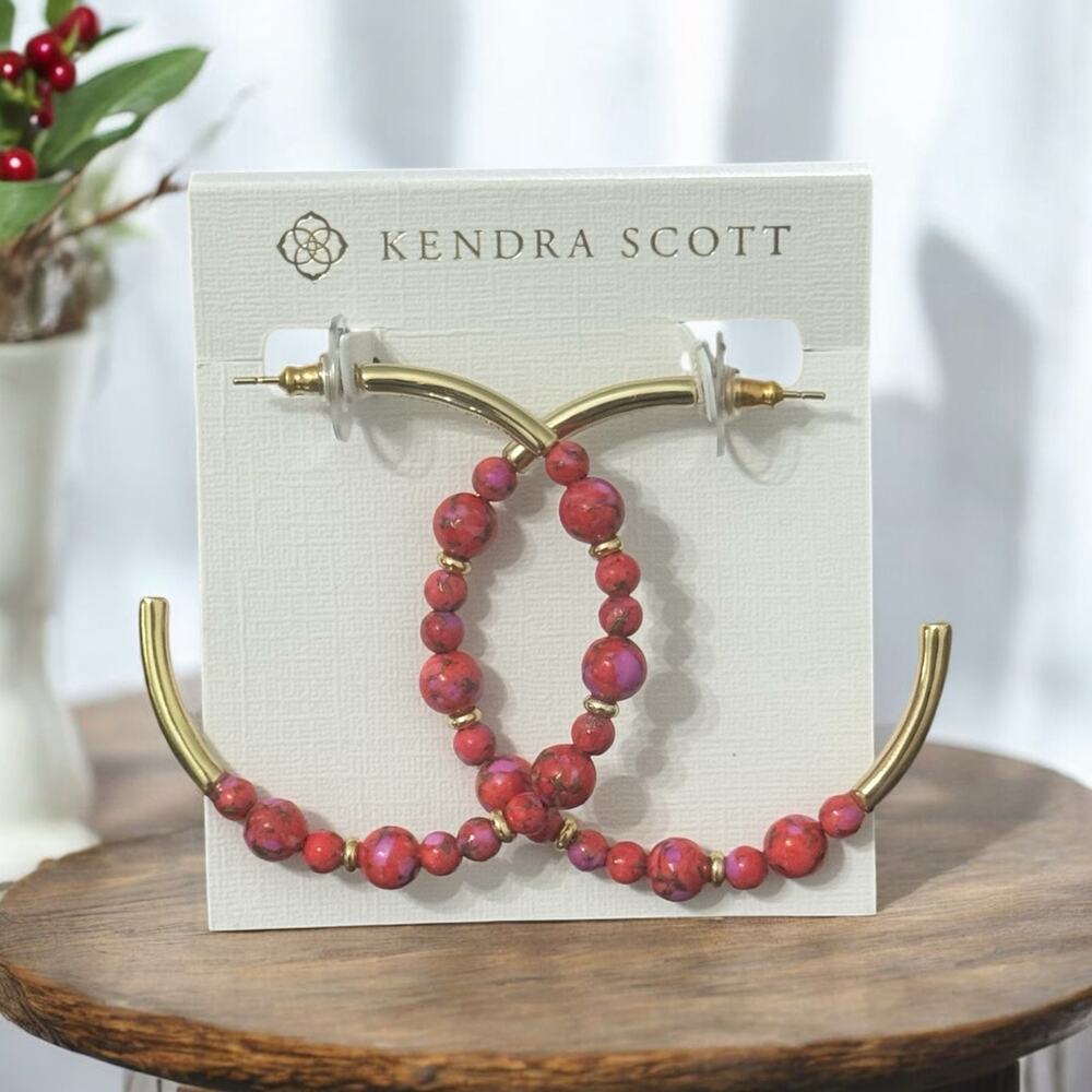 NWT! Kendra Scott Jovie Gold Beaded Hoop Earrings in Bronze Veined Red